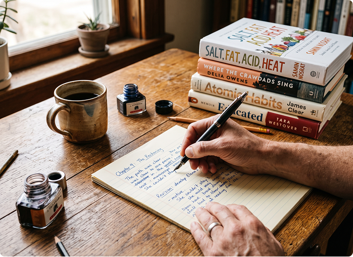 Author writing chapter notes at a desk