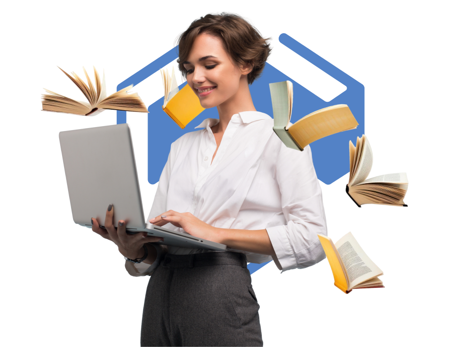 Author working on a laptop with floating books